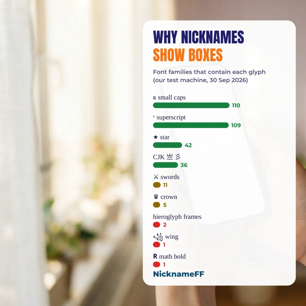Why a Free Fire nickname shows boxes: font families per glyph